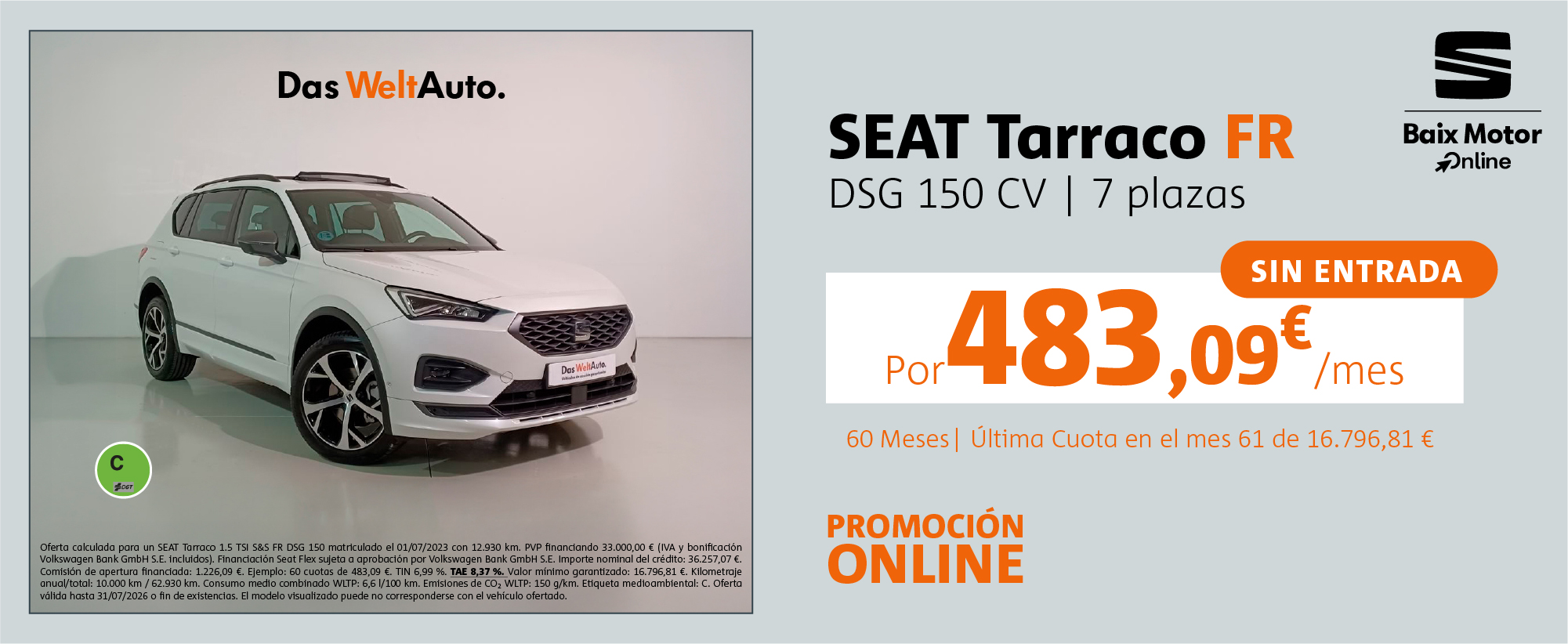 ¡Sin entrada! Seat Tarraco FR por 483€/mes*